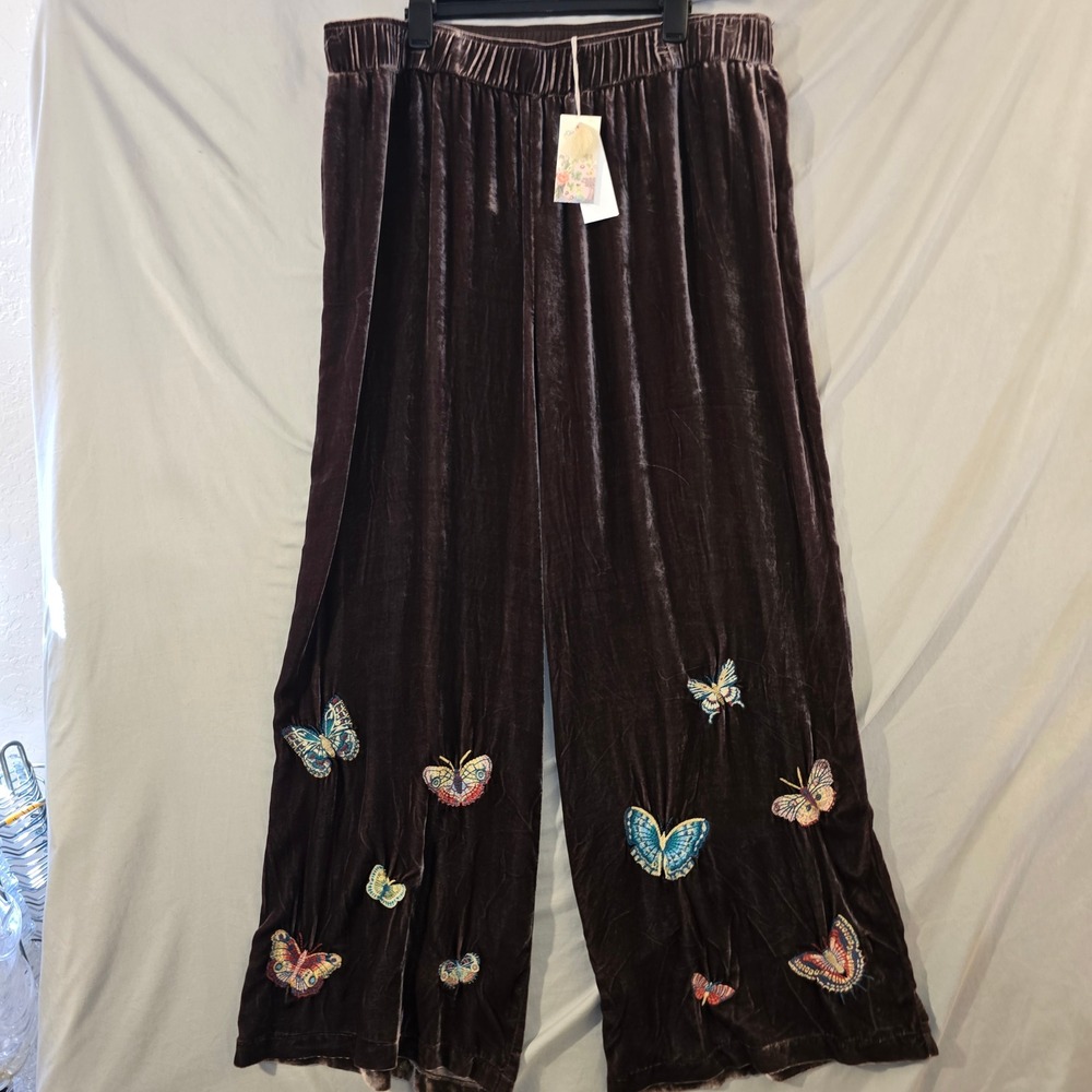 JW Los Angeles Luciana Wide Leg Pants XXL Brown Velvet Embroidered Silk Blend